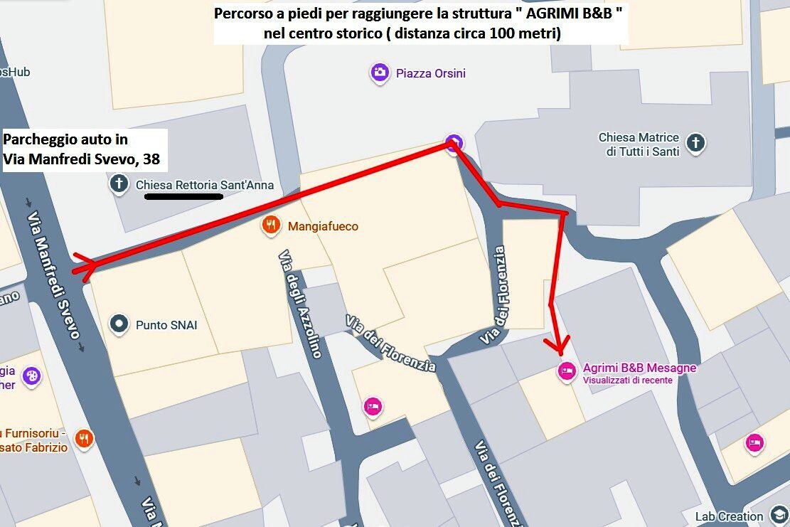 Mappa del percorso a piedi dal parcheggio all'Agrimi B&B
